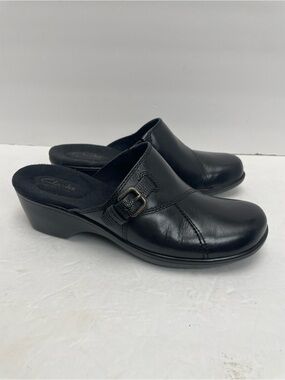 Clarks Black Leather Buckle Wedge Clogs Mules Heeled Shoes 7.5